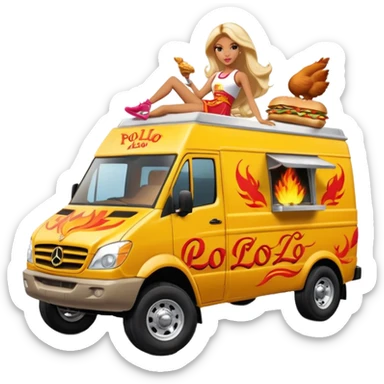 Hispanic pollo loco Barbie’s insanely flaming hot butt hurt burning chicken sandwich Extended length Sprinter 4500 van high roof off road rally delivery food truck capable of rock and desert racing  sticker