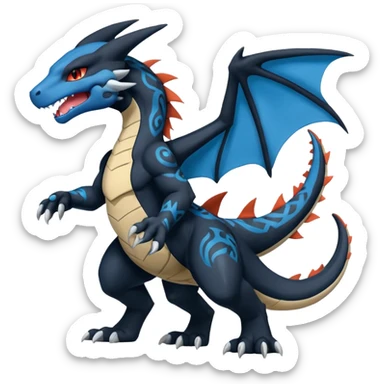Black and Blue Charizard-Stitch-Zekrom-Salandit-Sneasel-fusion, full body, tribal markings  sticker