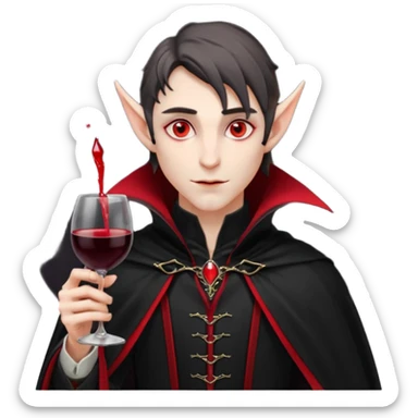 male elf vampire emoji, pale skin, red glowing eyes, long pointed ears, black high-collared cloak with red lining, holding a wine glass filled with red liquid, elegant Halloween fantasy look, smooth Apple emoji style, clean white background, square image sticker