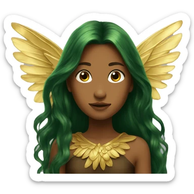 big wings, Beautiful, fairy, gold, brown, dark green, green, long hair sticker