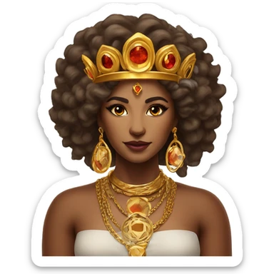 Create an emoji of a confident woman with voluminous lion-like hair, bold makeup, and gold jewelry, embodying the Leo zodiac sign with a regal expression and fiery energy. And a headgear of Leo sign sticker