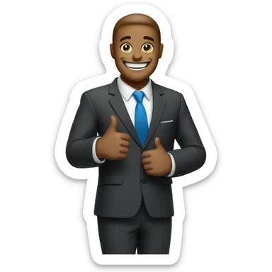 An emoji with a big smile giving a thumbs up, perhaps holding a pen or wearing a business suit. sticker