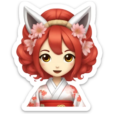 hime gyaru girl, kimono, red hair, kitsune mask sticker