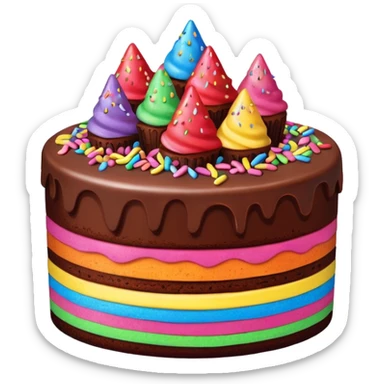 two-tiered chocolate fudge and strawberry cake, covered in rainbow decorations, looking delicious and playful sticker