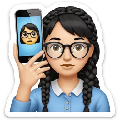 Black hair is braided to the left, bangs, horn-rimmed glasses, and only the eyes of the emoji taking a mirror selfie with iPhone white are visible, and the nose is covered with the iPhone sticker