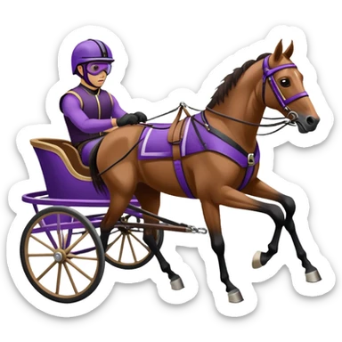 A brown harness racing horse. The sulky, a lightweight two-wheeled cart, is painted in black and attached to the horse’s harness. A driver, dressed in purple, is seated in the sulky not on the horse, wearing a purple helmet with goggles. sticker