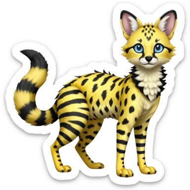 beautiful elegant spotted hype-realistic, black-maned, vibrant yellow Genet-Serval-Sergal-Margay-Fox-fusion-hybrid-furry-fursona, full body, with a long puffy fluffy black-and-white-striped tail, with natural blue eyes sticker