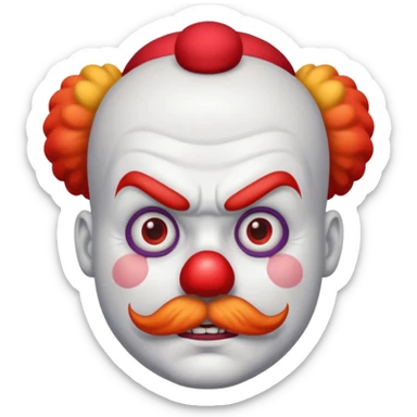 Angry clown — furrowed brow, mustache, tiny hat. sticker