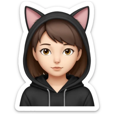 a girl with short brown hair, grey cat ears and a tail, with a black hoodie on  sticker