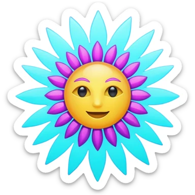 sun, neon rays, bright holographic purple and cyan collor sticker