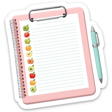 Emoji of checklist notebook with healthy food icons, nutrition planning, flat minimal emoji, pastel colors sticker