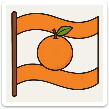 Reduce the size of the mandarin, remove any human elements, make the background white, and keep the flag style with orange stripes at the top and bottom. Maintain the overall composition and style as in the original image. sticker
