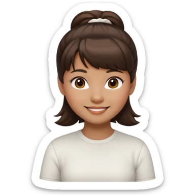 In Apple Memoji format, a girl with dark brown hair. She has bangs and her hair is in a singular high bun. The girl is arab and has light brown skin. She is wearing a white shirt sticker