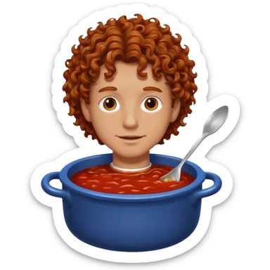 a white man with brown curly hair swimming in a pot of sauce sticker