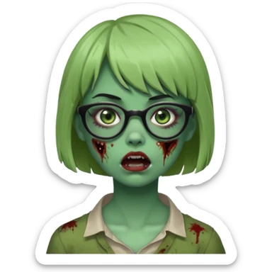 faça uma menina zumbi,da cor verde,com o cabelo curto,até o pescoço,franja,óculos pretos médios,olhos escuros,boca meio aberta e alguns machucados pelo rosto sticker