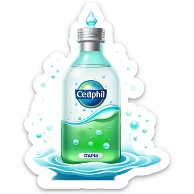 Cetaphil white bottle with light green cap and blue-green label, glowing softly. Surrounded by tiny light orbs and silky sparkles flowing like hydration waves. Feels like a gentle skin shield potion in a glossy, minimalist flask. sticker
