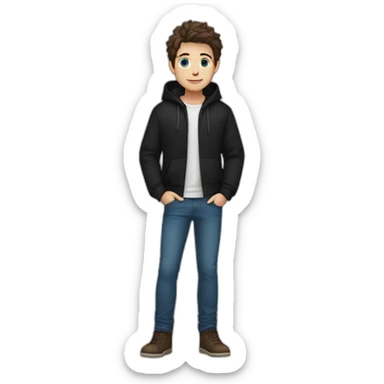 boy blue eyes and with short dark hair in black hoodie and blue jeans and girl with blue eyes brown hair in black pants in white shirt and brown jacket sticker
