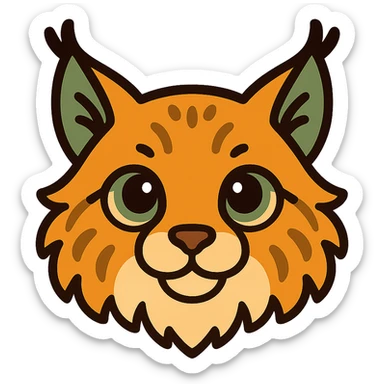 A cute and soft lynx face with big, expressive eyes, designed in a warm and magical color palette: golden orange (FA9B41), forest green (4A7C5C), muted taupe brown (96775A), and pastel peach (FFCC9A). The lynx’s fur is fluffy and soft, with a mix of warm browns and golden highlights. Its ears are tipped with tufts of fur in greenish tones, and its cheeks are gently rounded with subtle peach accents. The eyes are bright and curious, surrounded by soft fur in the warm color palette. The overall look is adorable, serene, and enchanting, evoking a gentle, woodland atmosphere. sticker