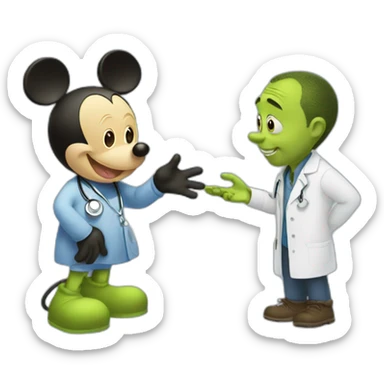 Mickey Mouse giving shrek a medical exam sticker