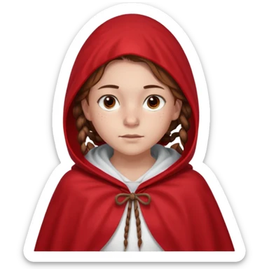 a 12 year old girl with fair skin, freckles, and brown hair done in French braids that come down to her breasts. she has a red hooded cape with the hood drawn. she has big, brown eyes and normal eyebrows sticker