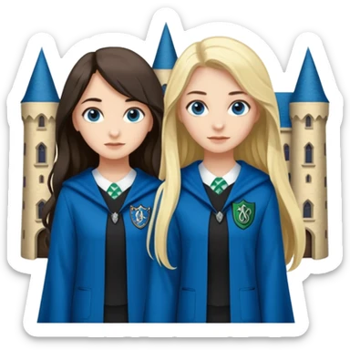 a pretty ravenclaw girl with long dark brown hair and blue eyes standing with a hot Slytherin girl with long blonde hair, blue eyes sticker
