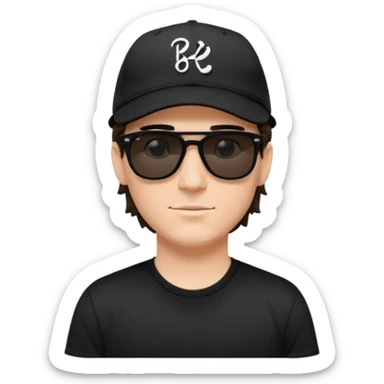 “Emoji of a white man with dark brown hair under a black baseball cap, wearing a black t‑shirt and 1980s‑style black Ray‑Ban rectangle sunglasses, with black musical notes floating around his head,  sticker