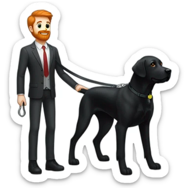 a handsome, slender man in a  sporting a red beard, standing next to a black Labrador dog, holding it on a leash sticker