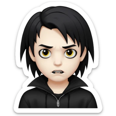 Vampire boy with the black emo hair, pale-white skin, black eyes, little fangs and dark circles under his eyes. He has serious face and he wear a black oversize sweatshot sticker