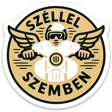 Edit the image to correct the text to 'SZÉLLEL SZEMBEN' instead of 'SZÉLLEEL SZEMBEN'. Keep the graphic, style, and layout unchanged. The image is circular with a transparent background and includes motorcycle motifs. Maintain all these elements exactly as they are, only fix the text typo. sticker