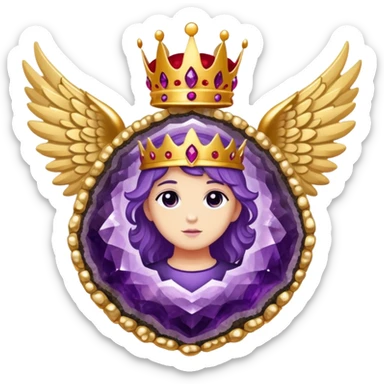 Big amethyst geode with red rubby dots inside award-in-frame-decorated-with-big-golden-angel--wings and crown sticker