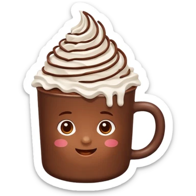 “hot chocolate emoji, whipped cream on top, chocolate shavings, cute, minimal, white background” sticker