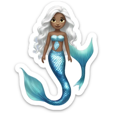 Iridescent silver mermaid tail full body blue eyes almond skin girl long white hair sticker