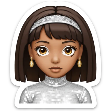 Left Eye from TLC with medium dark brown hair, white sequin outfit sticker