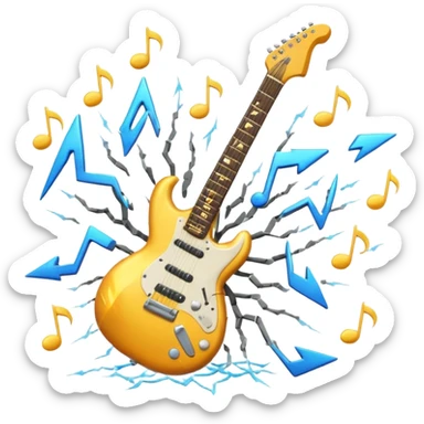 A 3D Apple-style emoji of a bold “ROCK” text written in shiny metallic letters, with an electric guitar leaning on the text, surrounded by small music notes and lightning bolts, energetic and powerful rock music vibe sticker
