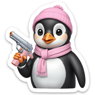 cute penguin wearing light pink bow scarf and holding light pink gun  sticker