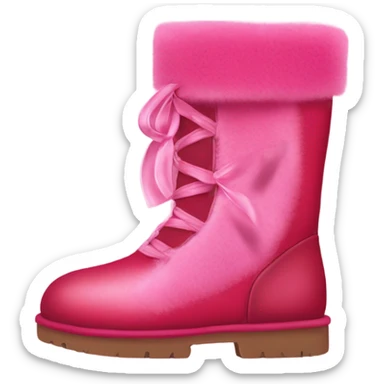 Realistic isolated pair of tall Red Ugg Fur Boots laced up with pink silk ribbon bows and hot pink and light pink heart shaped patches on them. sticker