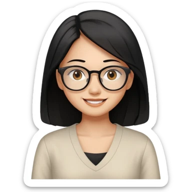 medium tan asian woman with long black hair past middle of back, round brown eyes, white v neck blouse. she has black thick frame rectangle shape glasses on and smiling with no teeth sticker