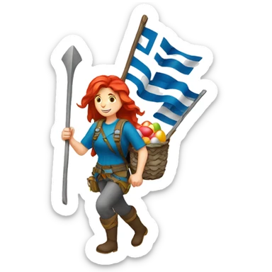 Female mountaineer red hair climbing with Greek flag and holding Easter eggs basket sticker