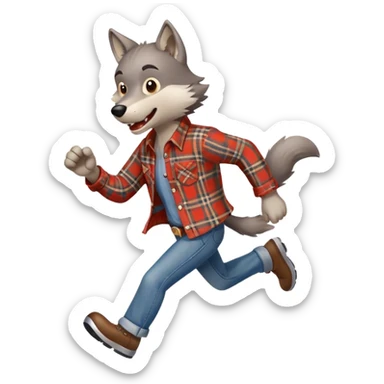 friendly anthropomorphised wolf in a plaid shirt and jeans running sticker