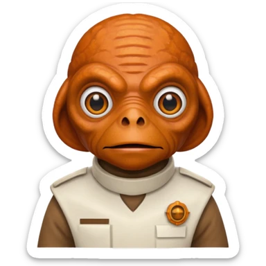 Admiral Ackbar from Star Wars emoji, apple style, simple facial expression, orange-brown skin, large fish-like eyes, white uniform sticker