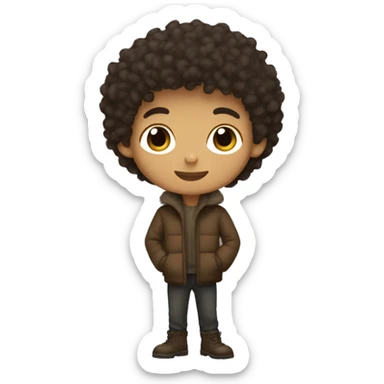winter, christmas, hispanic,  boy, short curly hair, brown eyes, child, full body, brown coat sticker