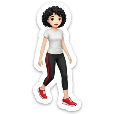 generate a pretty bratz fair skinned girl with curly black hair wearing a white tshirt trekking on a hill with red sneakers on and black leggings. Show HILLS sticker