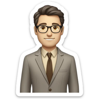 Full height Pale skinned fit man with dark brown hair in gray jacket, beige office shirt, brown tie, brown pants and vintage glasses. His right hand stretched out sticker