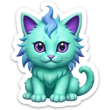 Create a mystical creature that combines the adorable alien-octopus's psychic nature with the power of a lion, resulting in a medium-sized beast with a mint-green feline body covered in short, plush fur that transitions to a fluffy blue mane around its neck and shoulders; its face would feature large, hypnotic black eyes and a gentle expression, while eight tentacle-like appendages emerge from its back that gradient from teal to purple at the tips; this psychic feline guardian moves with feline grace on four paws but can lift itself using its tentacles when channeling its formidable mental powers, creating a creature that balances the lion's regal strength with the alien-octopus's otherworldly charm and psychic abilities. sticker