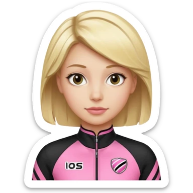 blonde woman with black racing outfit with pink strips sticker