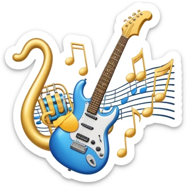 Create an elegant and dynamic emoji that represents music arrangement and orchestration. The design should feature musical notes, a synthesizer, drums, and an electric guitar, symbolizing the diverse instruments used in arranging and orchestrating music. Incorporate flowing lines to represent harmony and rhythm, with a subtle representation of sheet music. Use a combination of vibrant and classic colors like electric blue, gold, and silver, blending the electronic and traditional aspects of arrangement. The background should be transparent. sticker