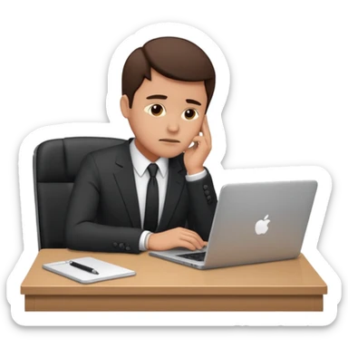 A man in corporate attire sitting at a desk, having fatigue while working on a laptop sticker