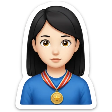 Girl child with black hair and many medals on neck sticker