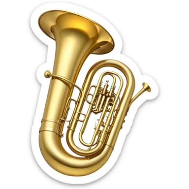 Create a large and bold emoji representing a tuba. The design should feature the tuba’s iconic, large, curved brass body, with its wide bell and tubing wrapping around. Highlight the visible valves and their metal buttons, showcasing the characteristic structure of the instrument. The brass finish should be shiny, with golden tones and subtle reflective light effects to highlight its polished surface. Add soft musical notes or soundwaves emanating from the bell to evoke the deep, resonant sound of the tuba. The background should be transparent. sticker