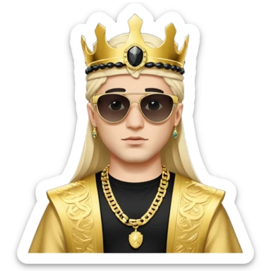 un principe blanco con una corona de rolex con unos lentes Versace máscara todos negro grandes de after con cadenas de oros y una camisa negra y una broma árabe de la cabeza sticker